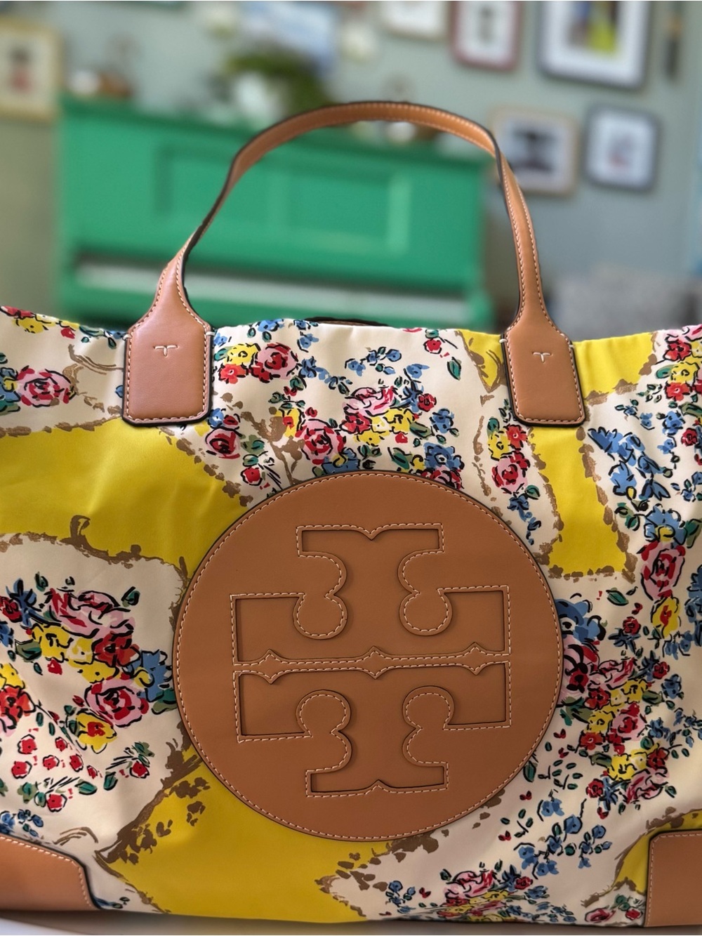Tory Burch Yellow Floral Tote with Tan Leather Logo
